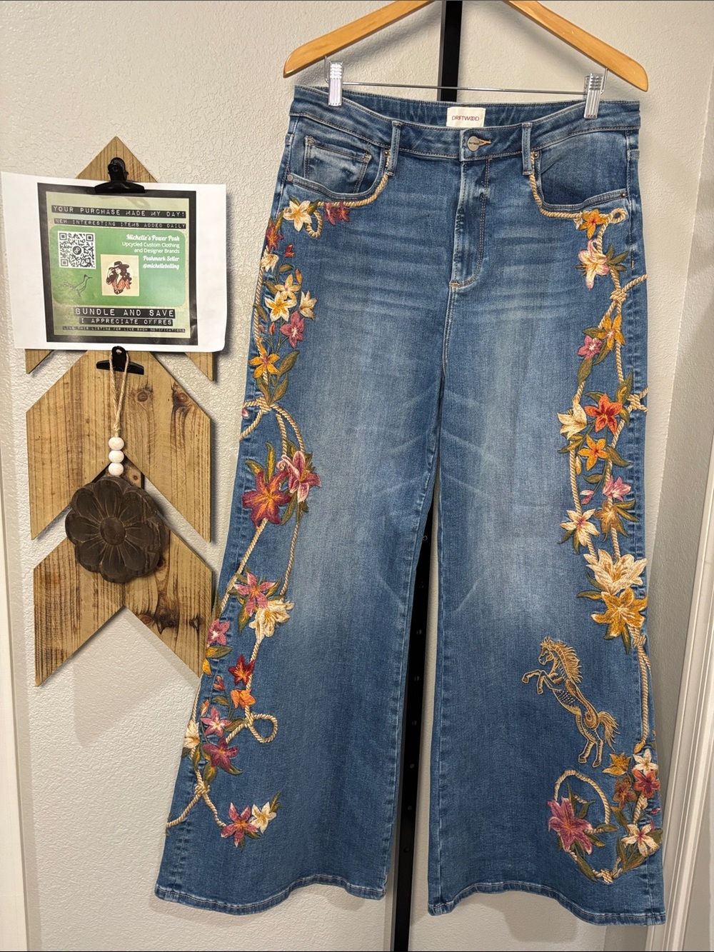DRIFTWOOD Penelope Blue Wide-Leg Jeans with Western & Floral Embroidery W33” L32 - Picture 9 of 10